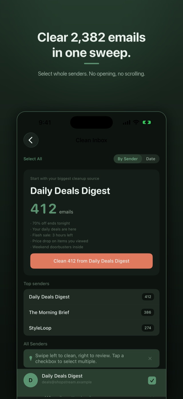 Bulk select screen — your inbox grouped by sender, picking whole senders at once for a single clean
