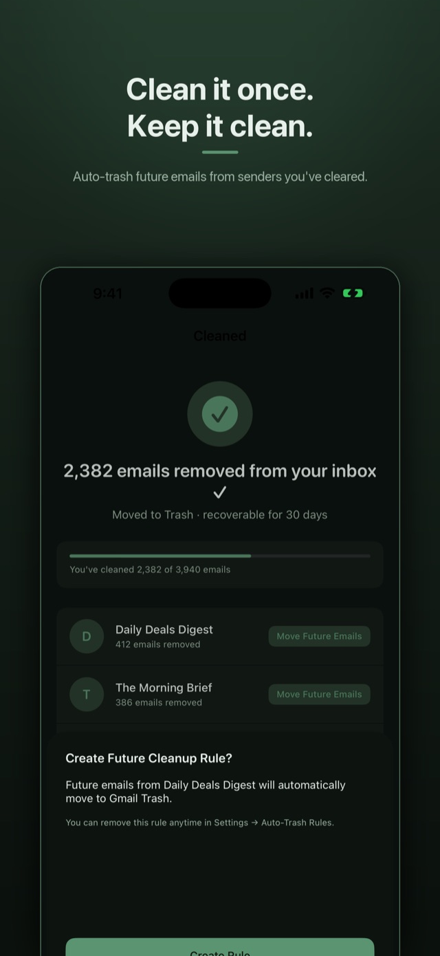 Cleanup rule screen — set a sender to auto-trash so future emails skip your inbox