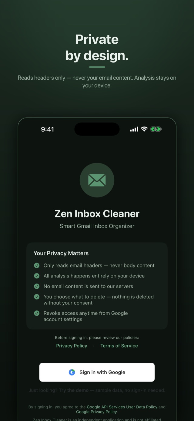 Privacy-first sign-in screen — connects to Gmail with no servers, no analytics, no data collection